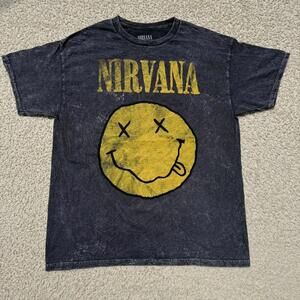 Nirvana Classic Black and‎ Yellow Smiley Face Grunge Band Tee LARGE NWOT